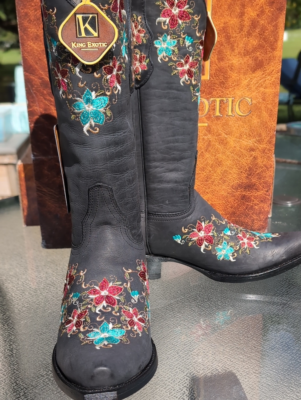 King Exotic Black Floral Embroidered Heeled Cowboy Boots 10.5